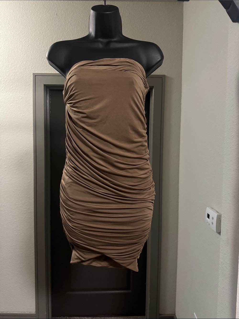 JLUXLABEL Strapless Ruched Bodycon Dress in Brown